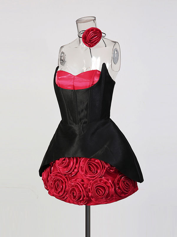 TWOTWINSTYLE Off Shoulder Spliced 3D Flower Slimming Mini Dress