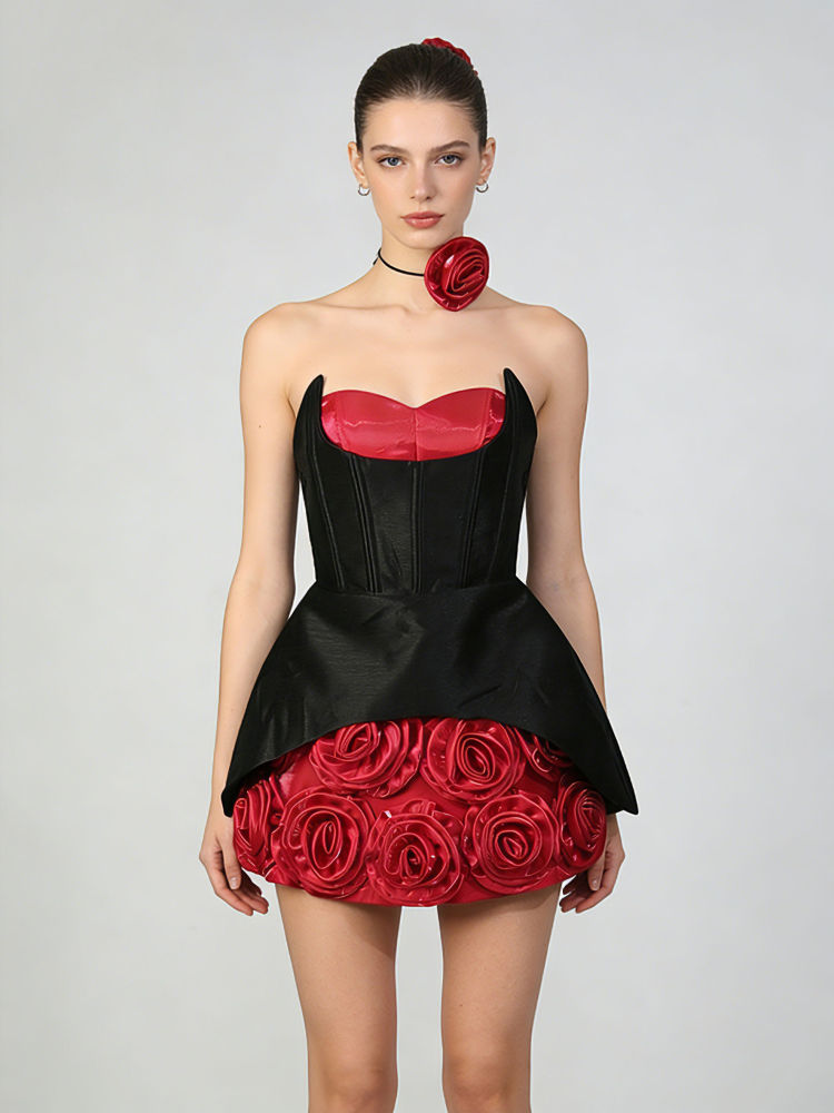 TWOTWINSTYLE Off Shoulder Spliced 3D Flower Slimming Mini Dress
