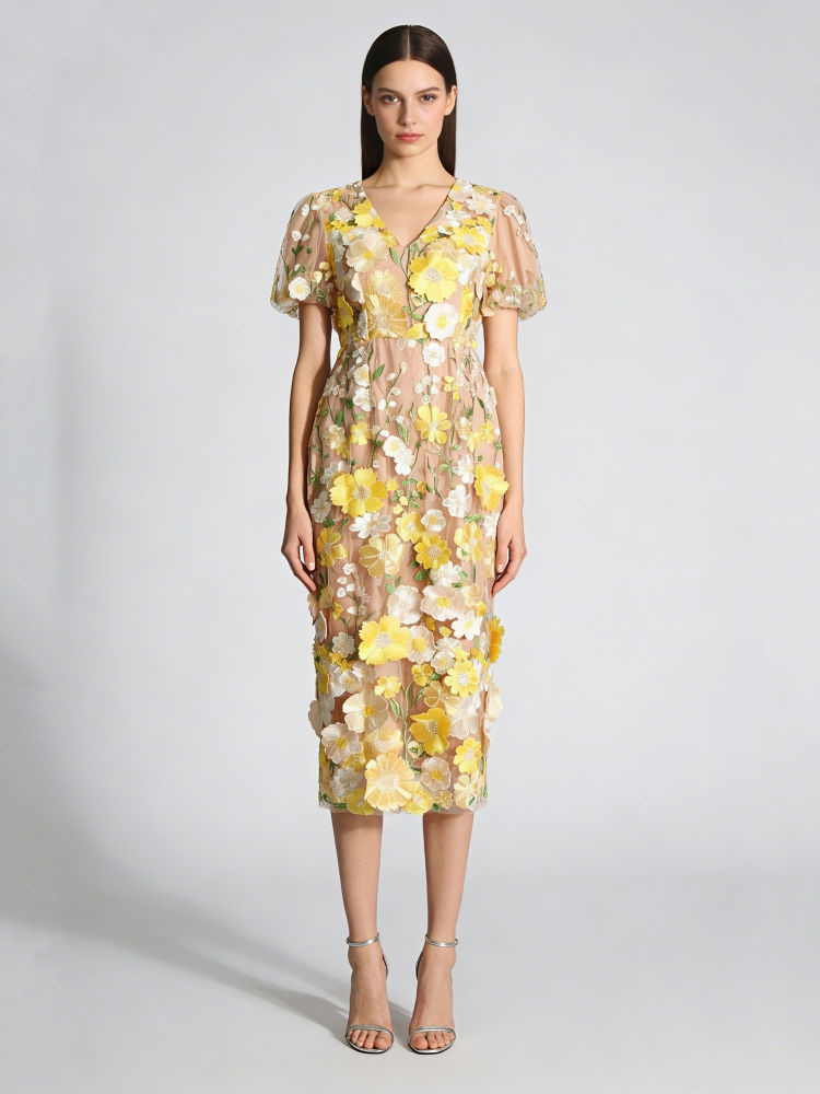 TWOTWINSTYLE V Neck Tunic Patchwork 3D Flower Elegant Dress