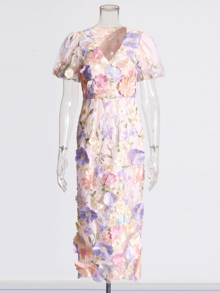 TWOTWINSTYLE V Neck Tunic Patchwork 3D Flower Elegant Dress