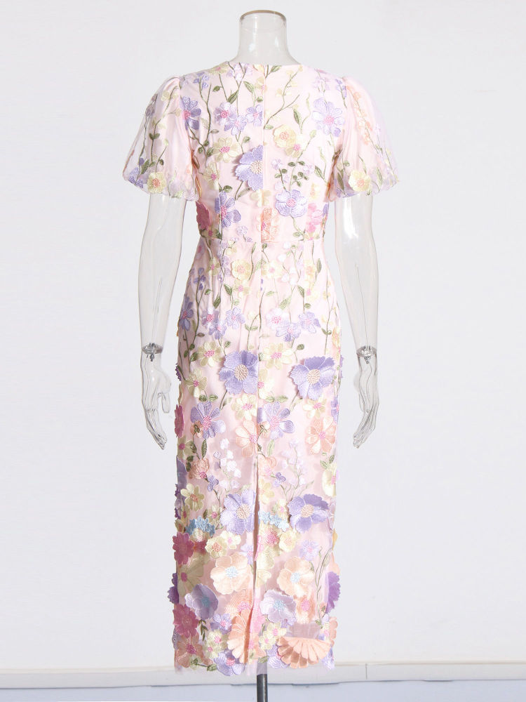 TWOTWINSTYLE V Neck Tunic Patchwork 3D Flower Elegant Dress
