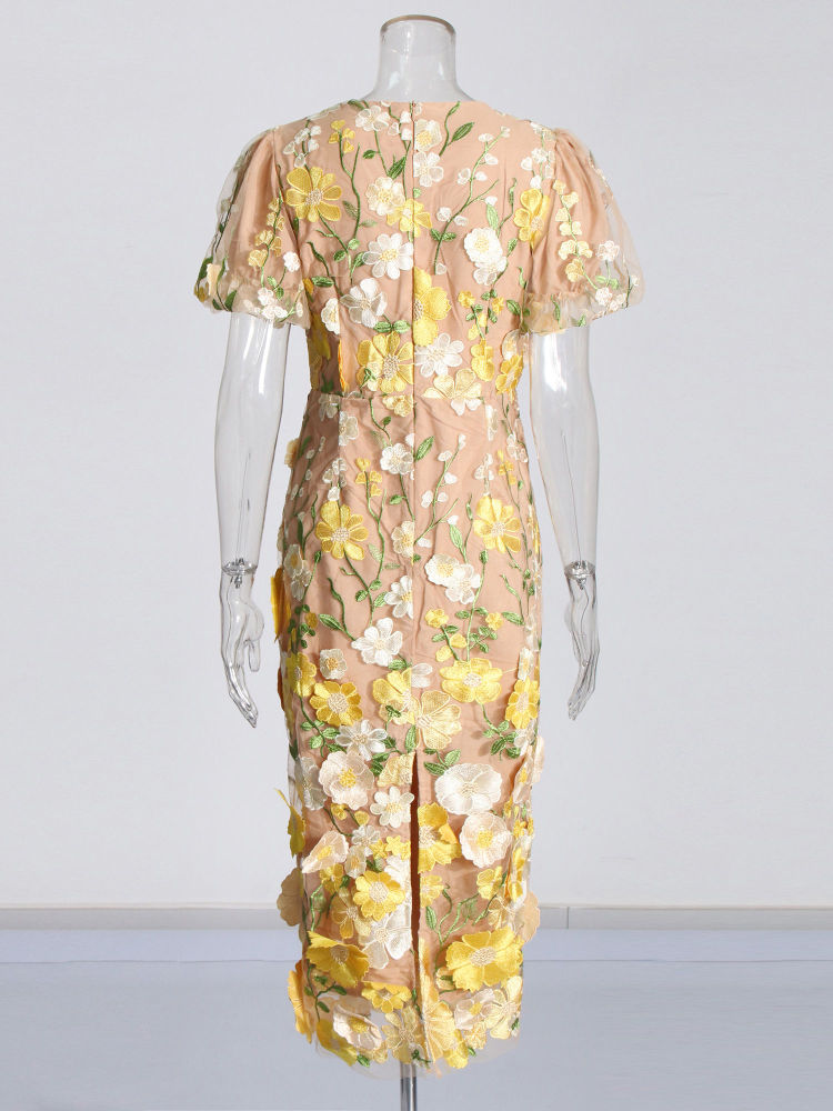 TWOTWINSTYLE V Neck Tunic Patchwork 3D Flower Elegant Dress