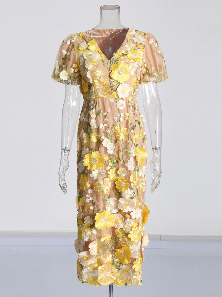 TWOTWINSTYLE V Neck Tunic Patchwork 3D Flower Elegant Dress