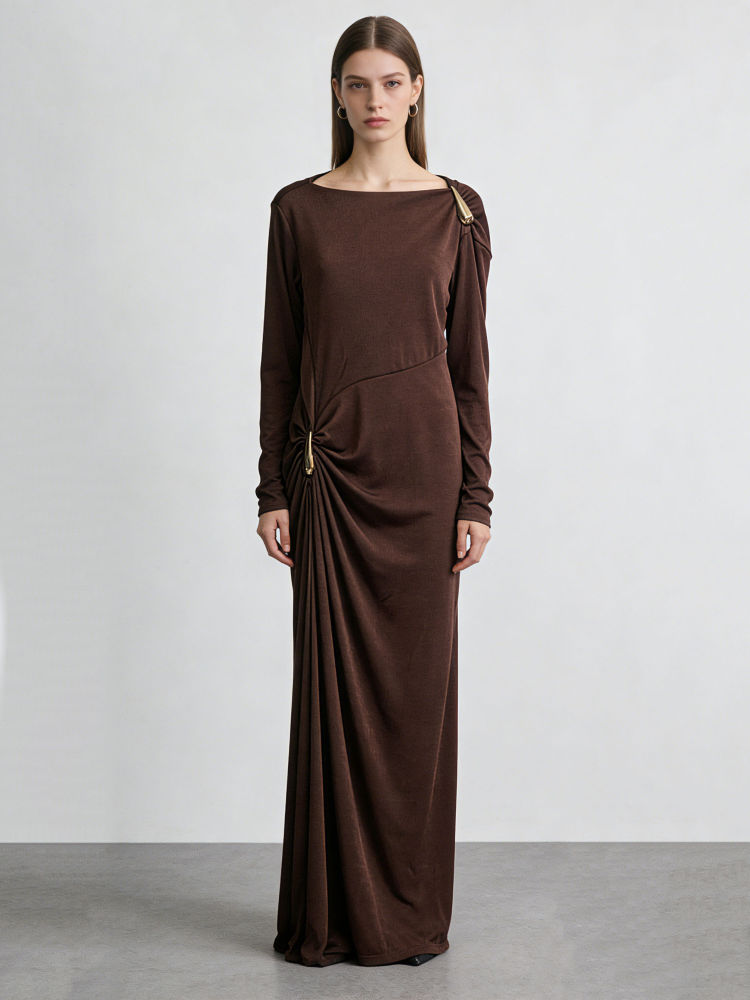 TWOTWINSTYLE Boat Neck Pleated Slimming Vintage Maxi Dress