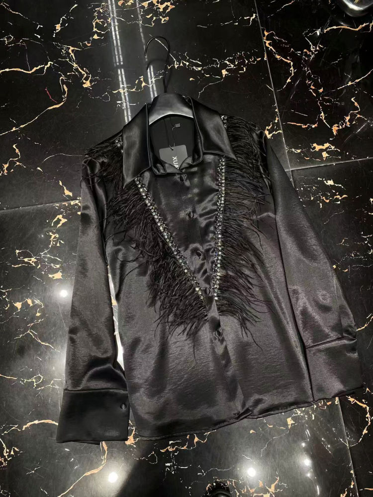 TWOTWINSTYLE Lapel Long Sleeve Patchwork Fur Temperament Shirt