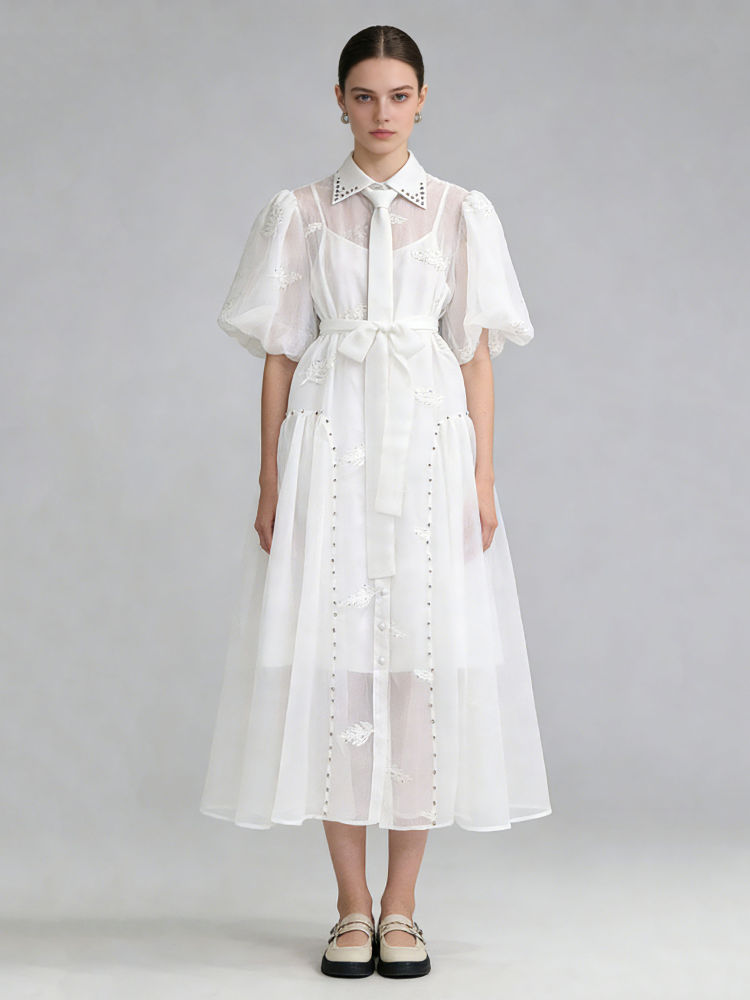 TWOTWINSTYLE Lapel Puff Sleeve High Waist Designer Dress