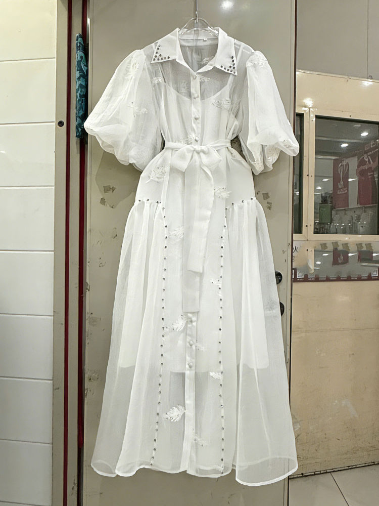 TWOTWINSTYLE Lapel Puff Sleeve High Waist Designer Dress