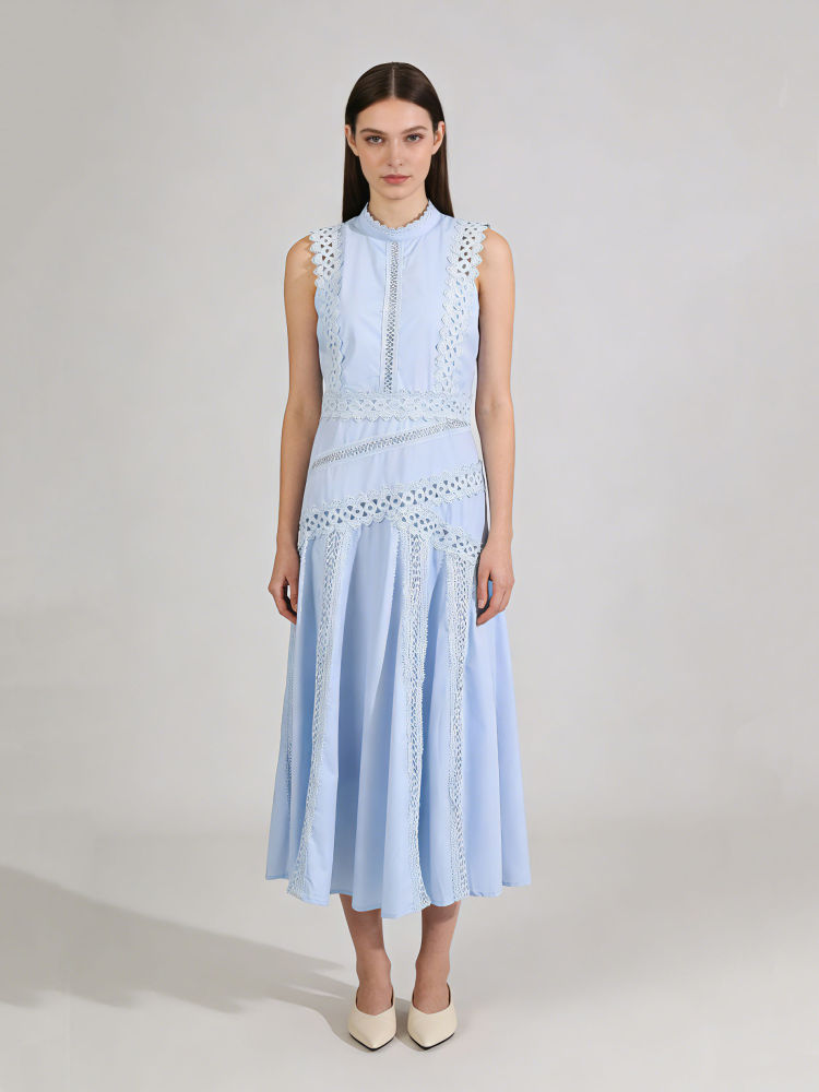 TWOTWINSTYLE Solid Stand Collar Sleeveless High Waist Chic Dress