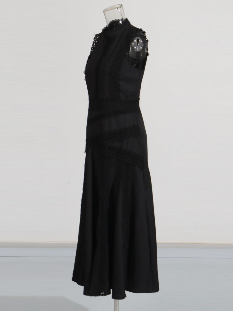 TWOTWINSTYLE Solid Stand Collar Sleeveless High Waist Chic Dress