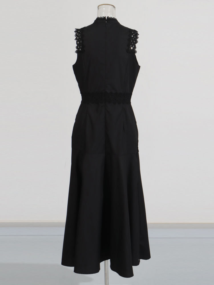 TWOTWINSTYLE Solid Stand Collar Sleeveless High Waist Chic Dress