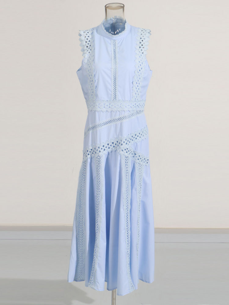 TWOTWINSTYLE Solid Stand Collar Sleeveless High Waist Chic Dress
