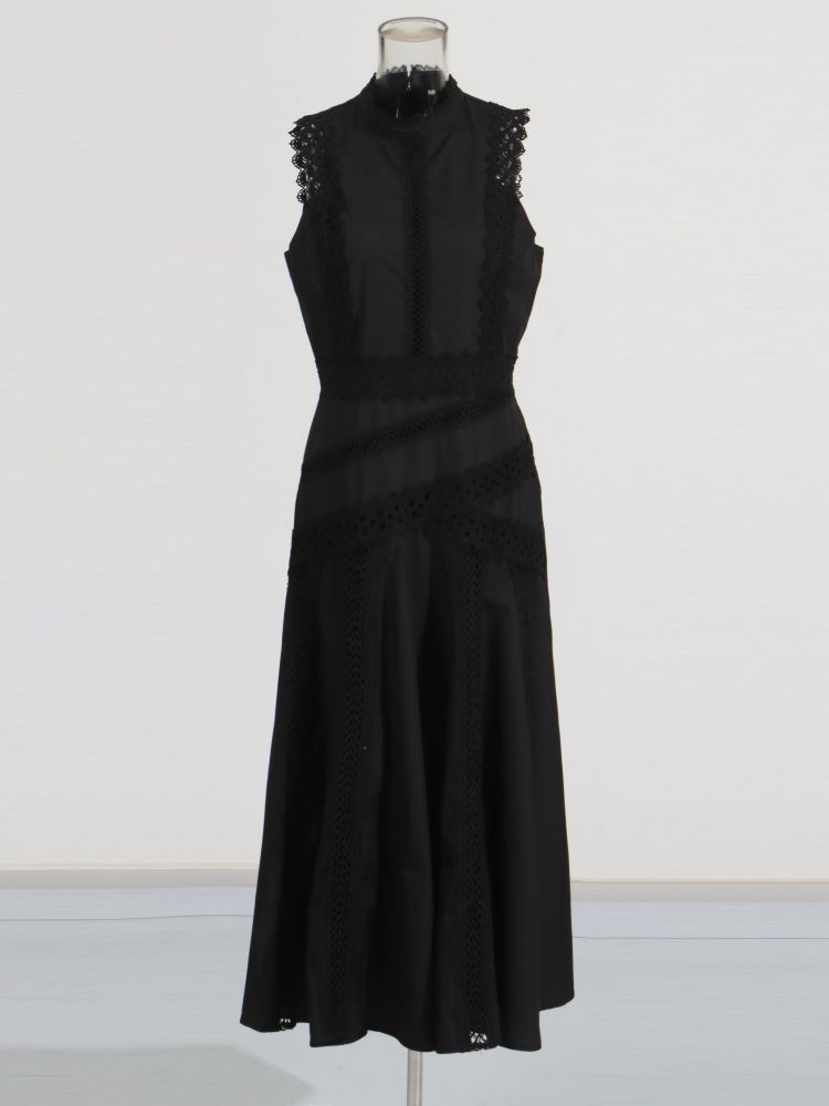 TWOTWINSTYLE Solid Stand Collar Sleeveless High Waist Chic Dress