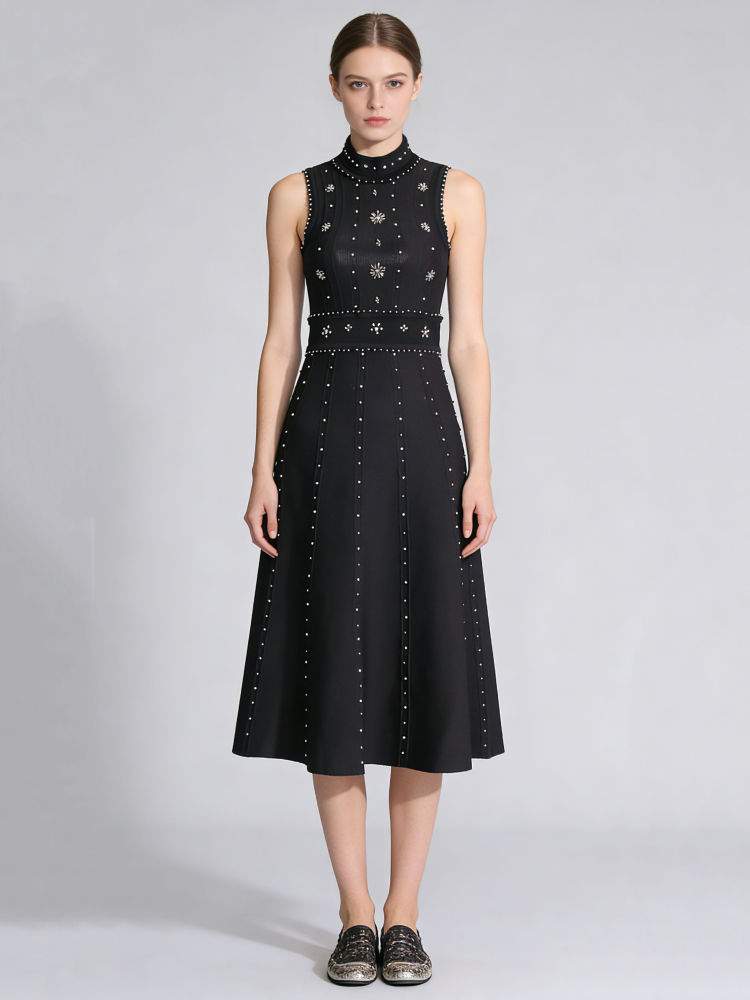 TWOTWINSTYLE Stand Collar Patchwork Steel Ball Chic Dress
