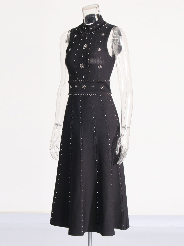 TWOTWINSTYLE Stand Collar Patchwork Steel Ball Chic Dress