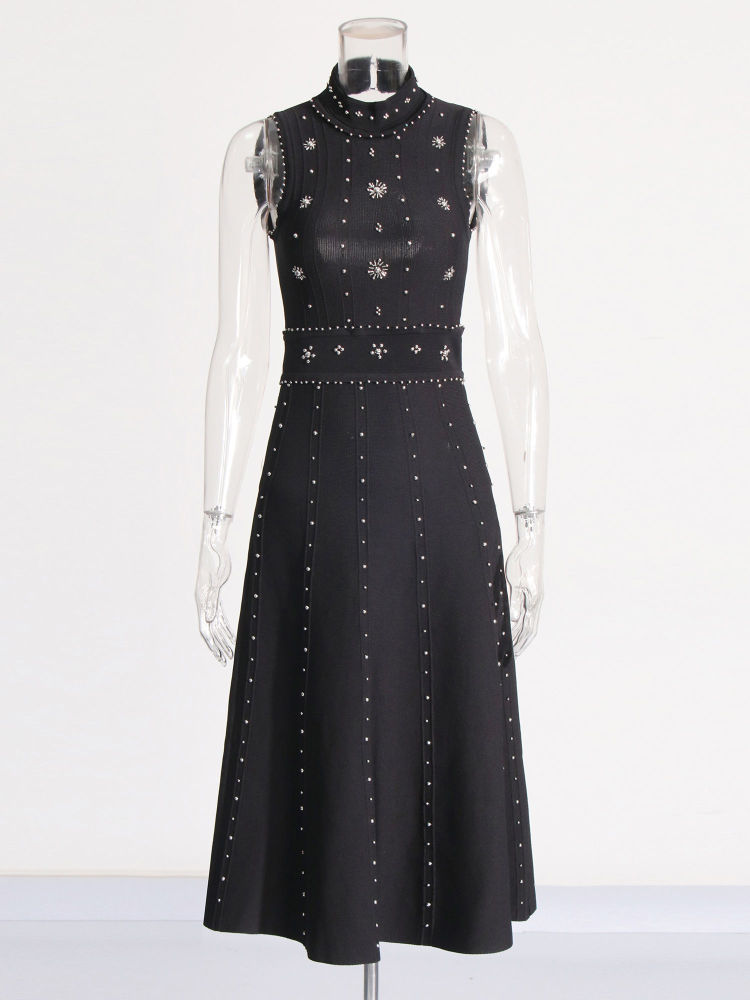 TWOTWINSTYLE Stand Collar Patchwork Steel Ball Chic Dress