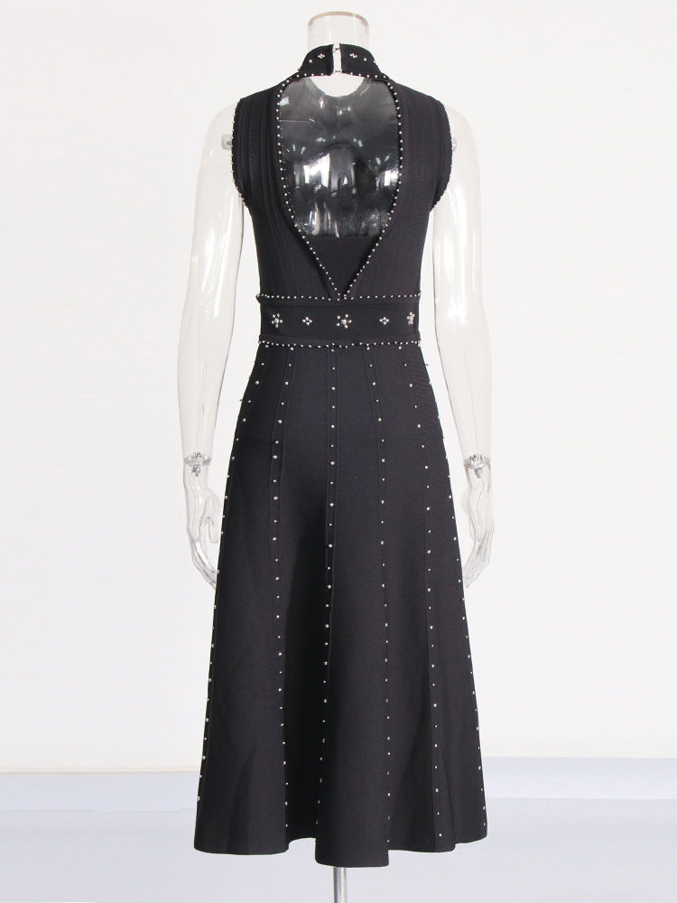 TWOTWINSTYLE Stand Collar Patchwork Steel Ball Chic Dress