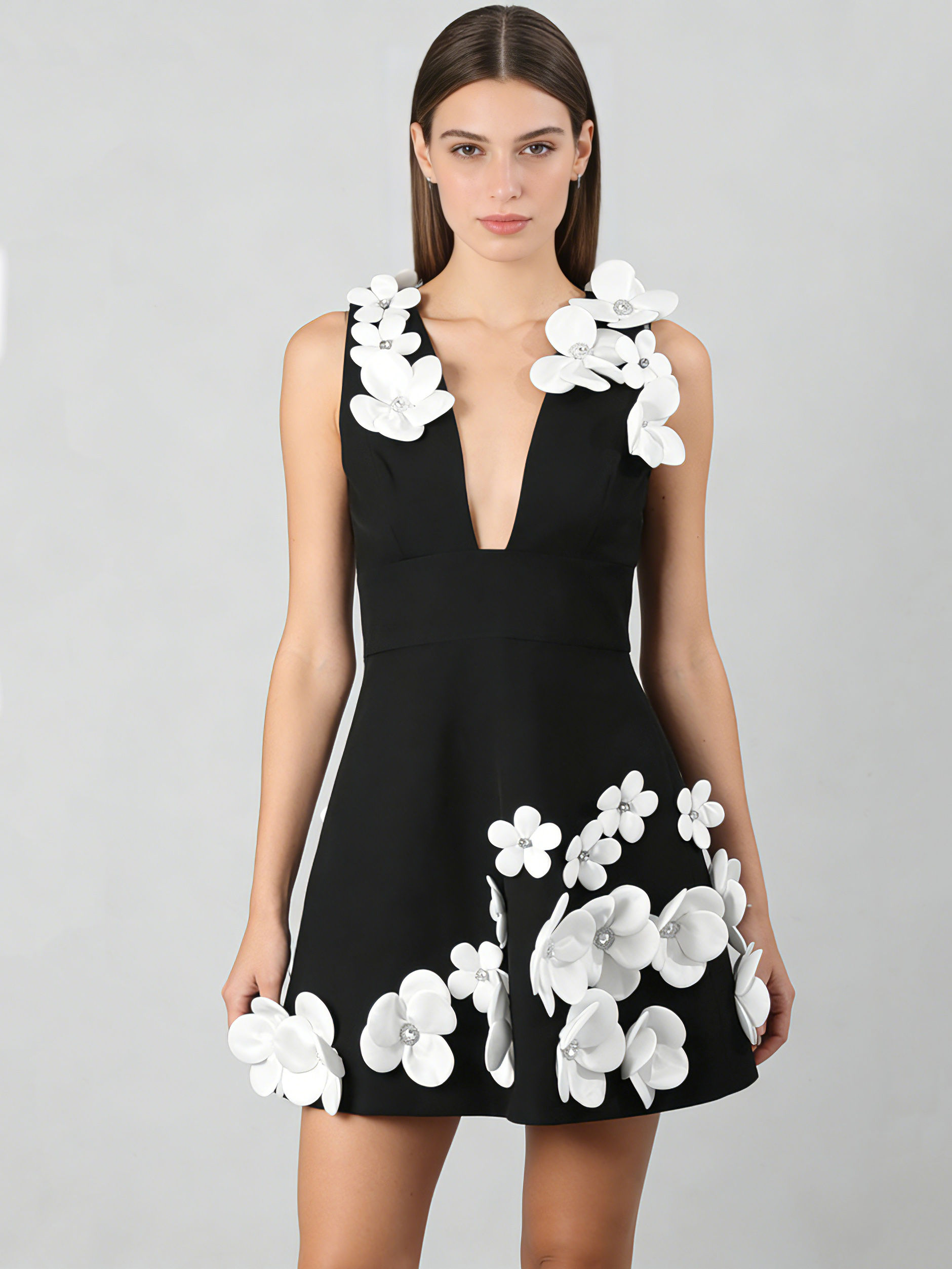 Teotwin Style TWOTWINSTYLE Hit Color V Neck Spliced 3D Flower Chic Mini Dress