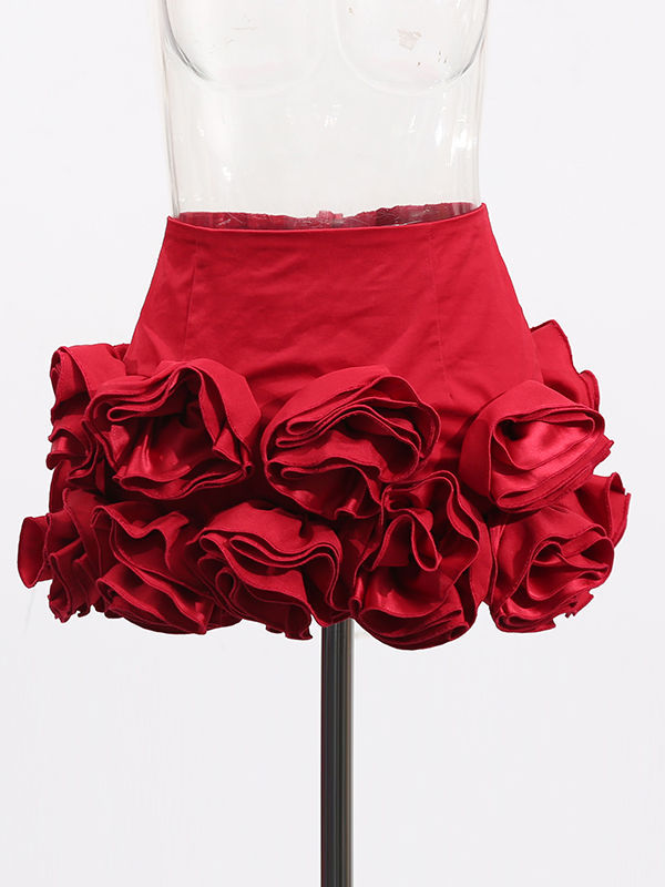 TWOTWINSTYLE Solid Patchwork 3D Flower Slimming Strapless Mini Dress