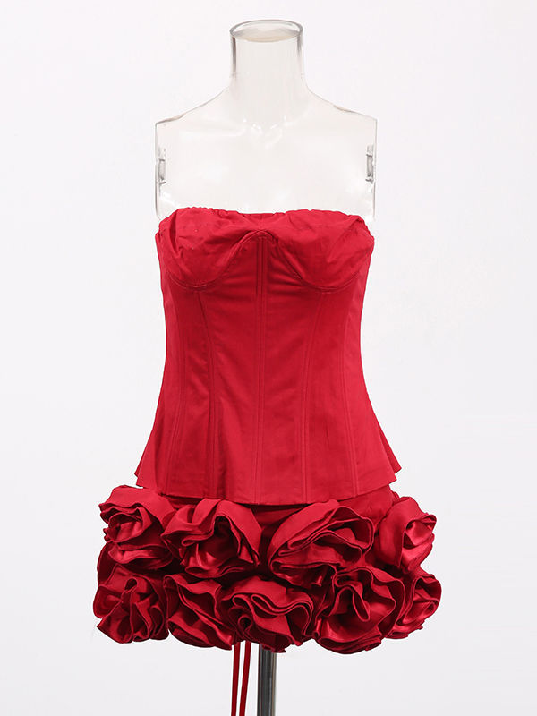 TWOTWINSTYLE Solid Patchwork 3D Flower Slimming Strapless Mini Dress