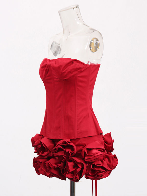 TWOTWINSTYLE Solid Patchwork 3D Flower Slimming Strapless Mini Dress