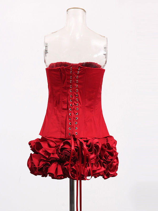 TWOTWINSTYLE Solid Patchwork 3D Flower Slimming Strapless Mini Dress
