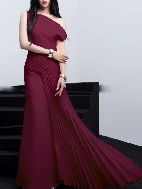 TWOTWINSTYLE Solid Patchwork Pleated High Waist Elegant Dress