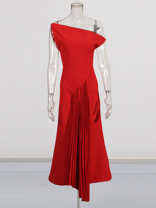 TWOTWINSTYLE Solid Patchwork Pleated High Waist Elegant Dress