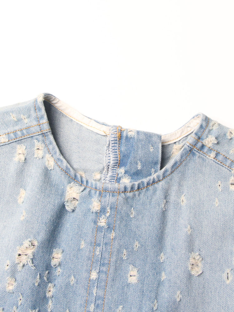 TWOTWINSTYLE Solid Round Neck Hollow Out Chic Denim Dress