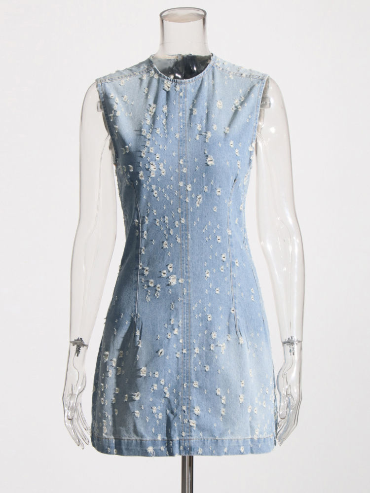TWOTWINSTYLE Solid Round Neck Hollow Out Chic Denim Dress