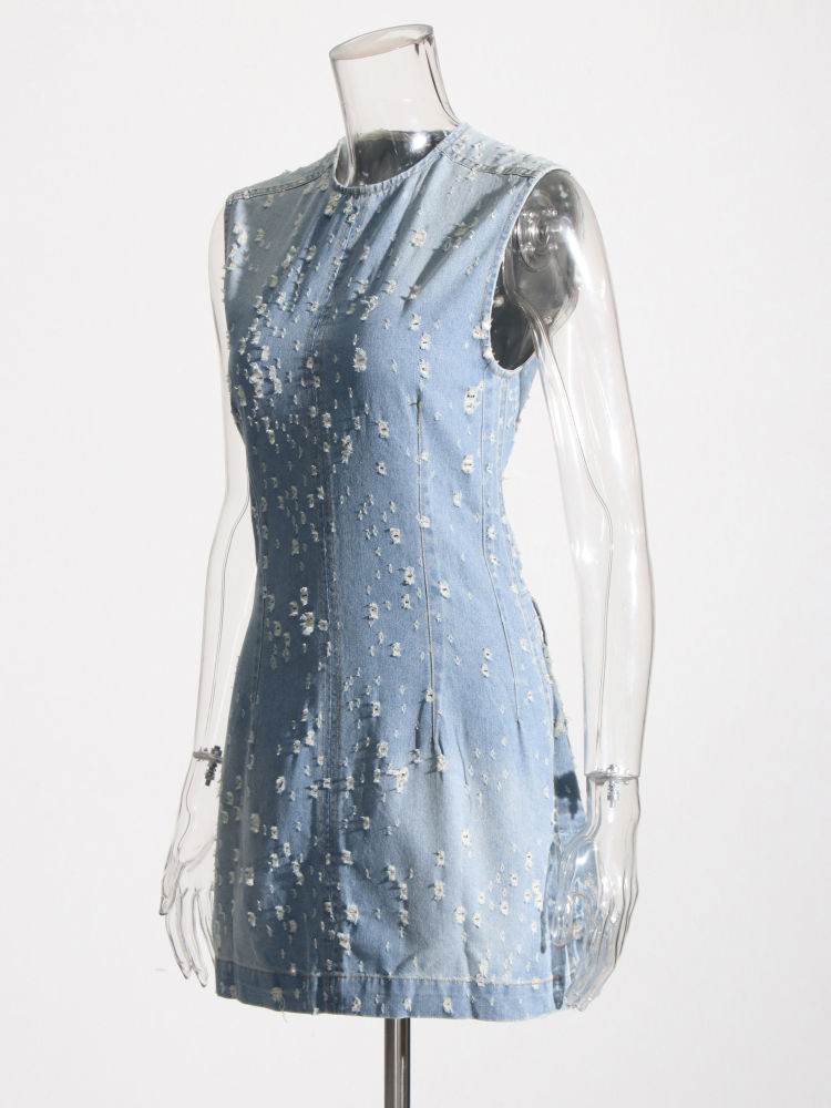TWOTWINSTYLE Solid Round Neck Hollow Out Chic Denim Dress