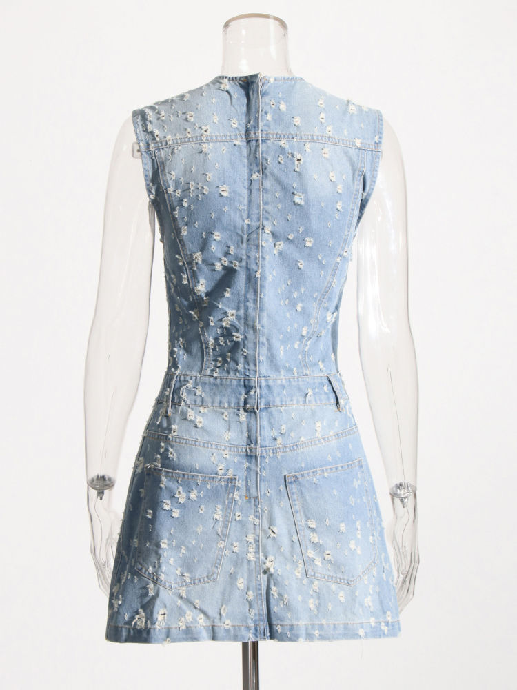 TWOTWINSTYLE Solid Round Neck Hollow Out Chic Denim Dress