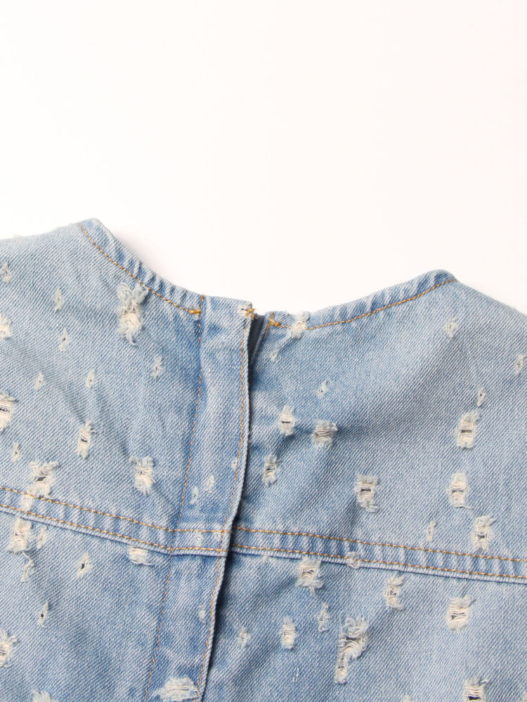 TWOTWINSTYLE Solid Round Neck Hollow Out Chic Denim Dress