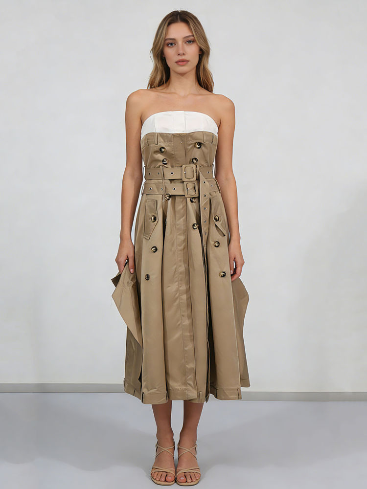 TWOTWINSTYLE ﻿Solid Spliced Button Strapless Temperament Dress