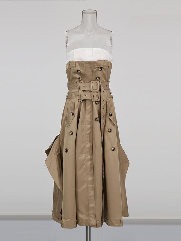 TWOTWINSTYLE ﻿Solid Spliced Button Strapless Temperament Dress