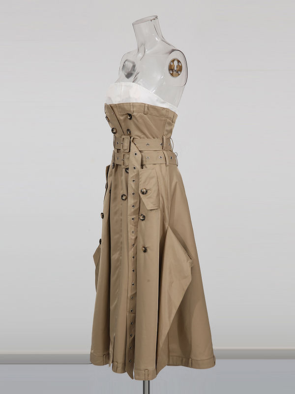 TWOTWINSTYLE ﻿Solid Spliced Button Strapless Temperament Dress