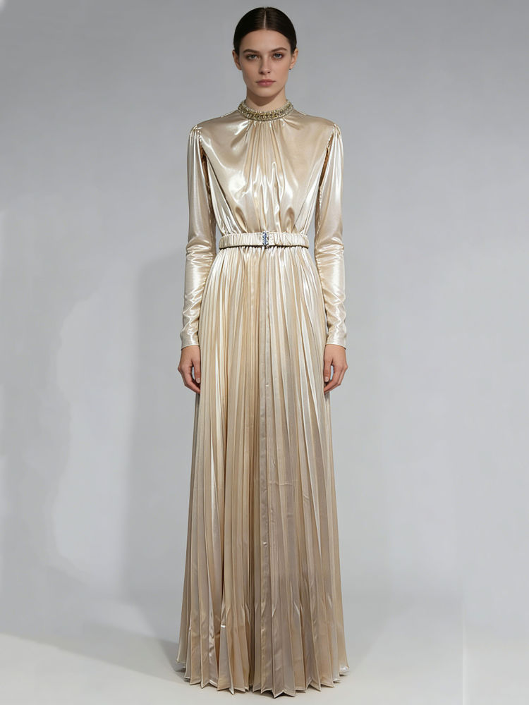 TWOTWINSTYLE Solid Stand Collar Long Sleeve Tunic Maxi Dress