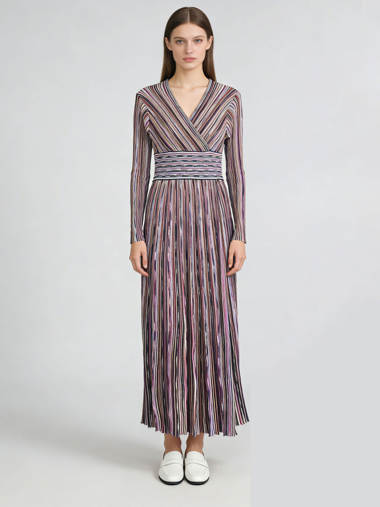 TWOTWINSTYLE V Neck Hit Color Tunic Elegant Midi Dress