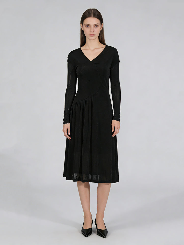 TWOTWINSTYLE V Neck Off Shoulder Long Sleeve Elegant Slimming Dress
