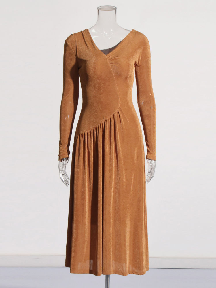 TWOTWINSTYLE V Neck Off Shoulder Long Sleeve Elegant Slimming Dress