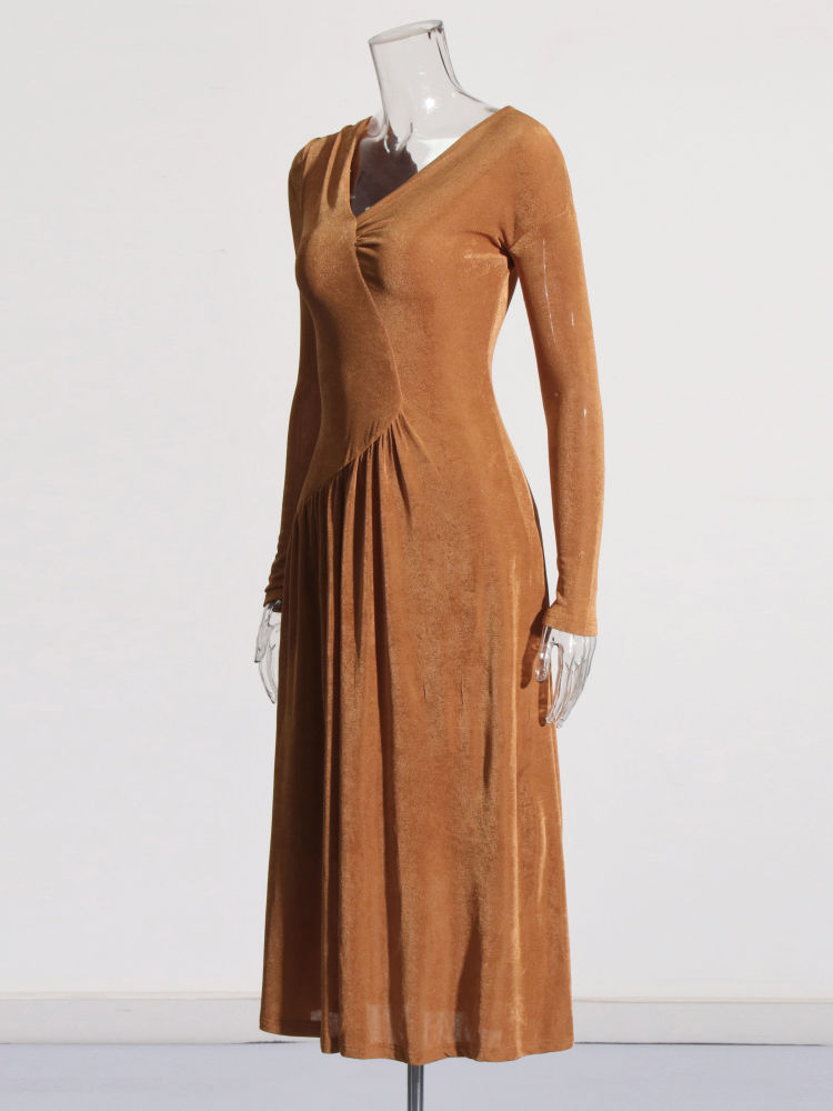 TWOTWINSTYLE V Neck Off Shoulder Long Sleeve Elegant Slimming Dress
