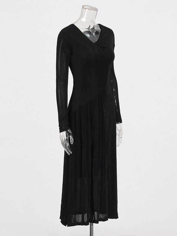 TWOTWINSTYLE V Neck Off Shoulder Long Sleeve Elegant Slimming Dress