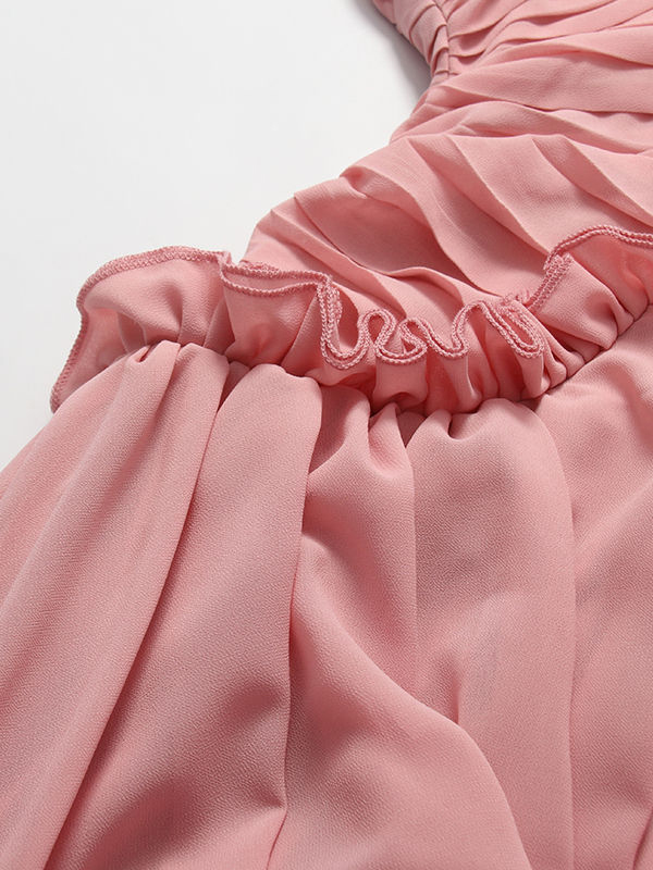 TWOTWINSTYLE Solid V-neck Sleeveless Ruched Hanging Neck Long Dress