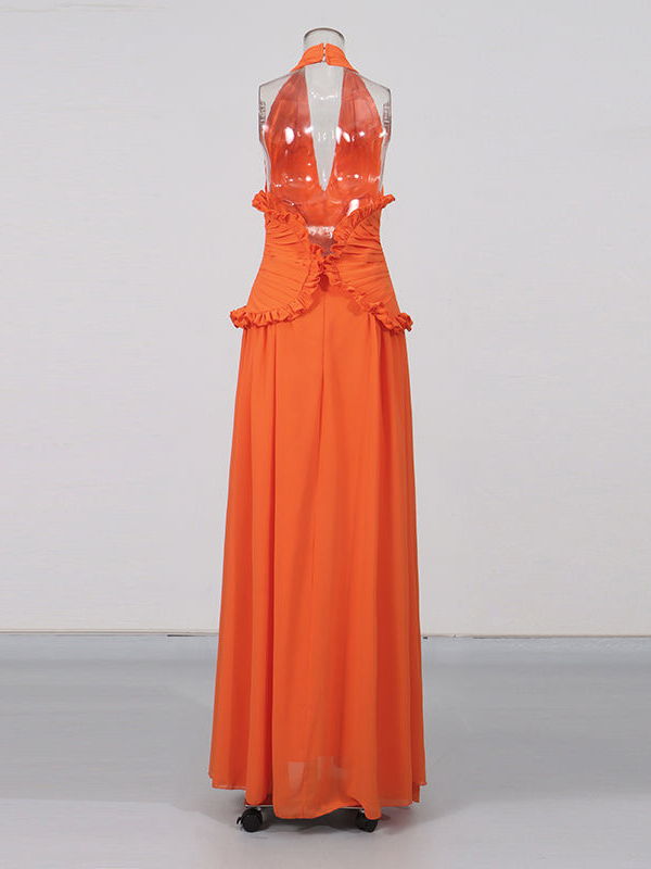 TWOTWINSTYLE Solid V-neck Sleeveless Ruched Hanging Neck Long Dress