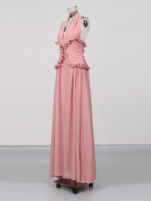 TWOTWINSTYLE Solid V-neck Sleeveless Ruched Hanging Neck Long Dress
