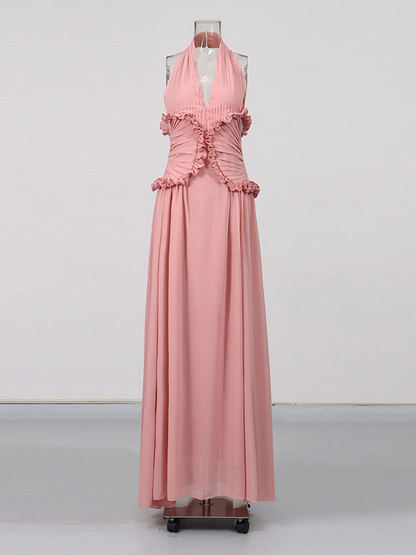 TWOTWINSTYLE Solid V-neck Sleeveless Ruched Hanging Neck Long Dress