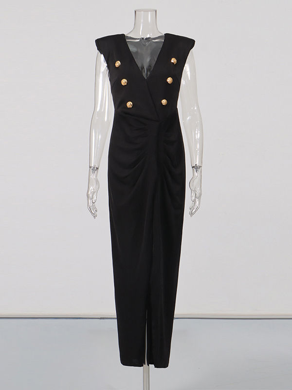 TWOTWINSTYLE Deep V-Neck Pleated Side Split Dress