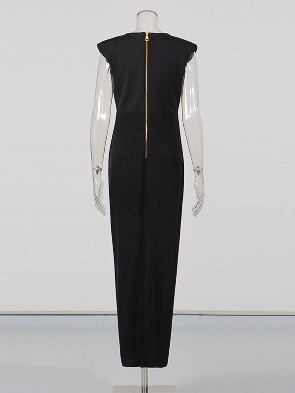 TWOTWINSTYLE Deep V-Neck Pleated Side Split Dress