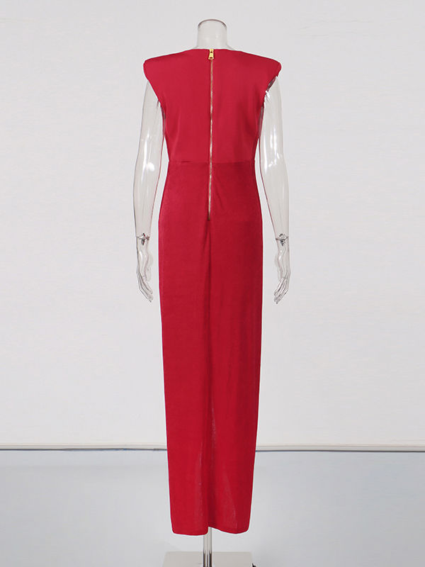 TWOTWINSTYLE Deep V-Neck Pleated Side Split Dress