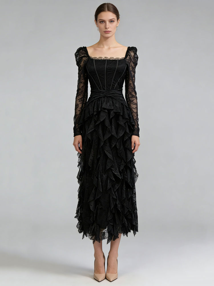 TWOTWINSTYLE Square Neckline Patchwork Lace Tunic Elegant Dress