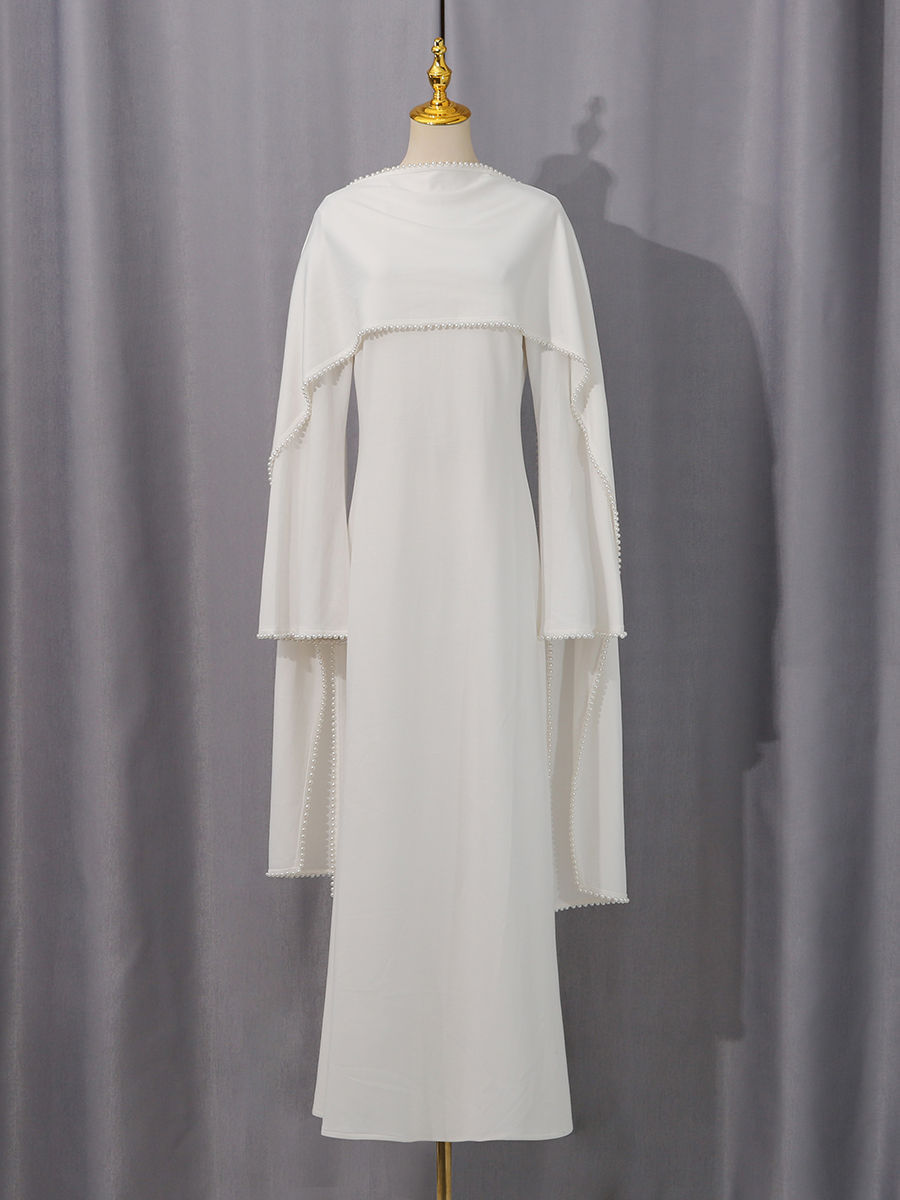 TWOTWINSTYLE Patchwork Pearls Solid Cape Long Dress